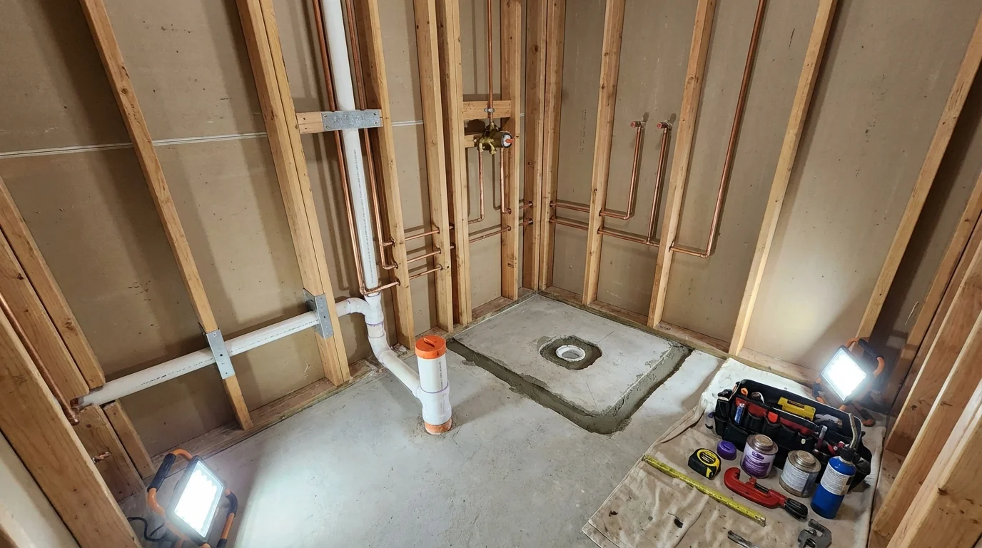 Bathroom rough-in plumbing during remodel by Johns Plumbing LLC in Fowler