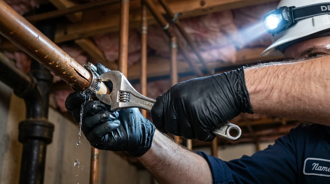 Emergency pipe clamp repair being performed by a Johns Plumbing LLC plumber in Fowler