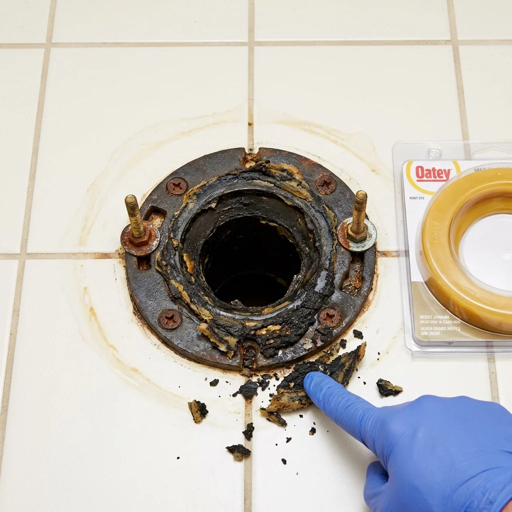 Failed wax ring showing water seepage at the base of a toilet in a Fowler, IN home