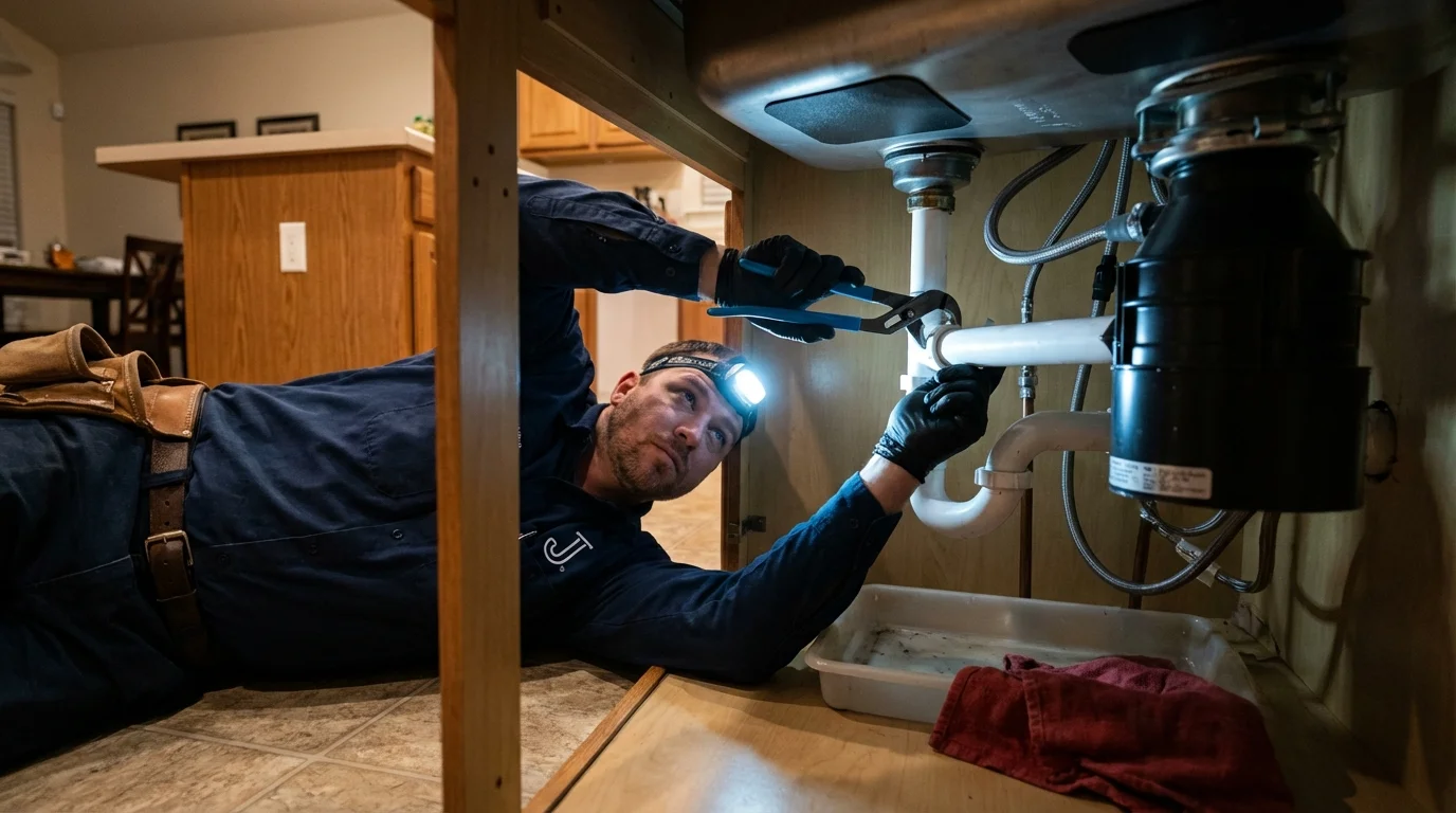 P-trap and supply line connections under a kitchen sink showing a common leak point in Fowler, IN